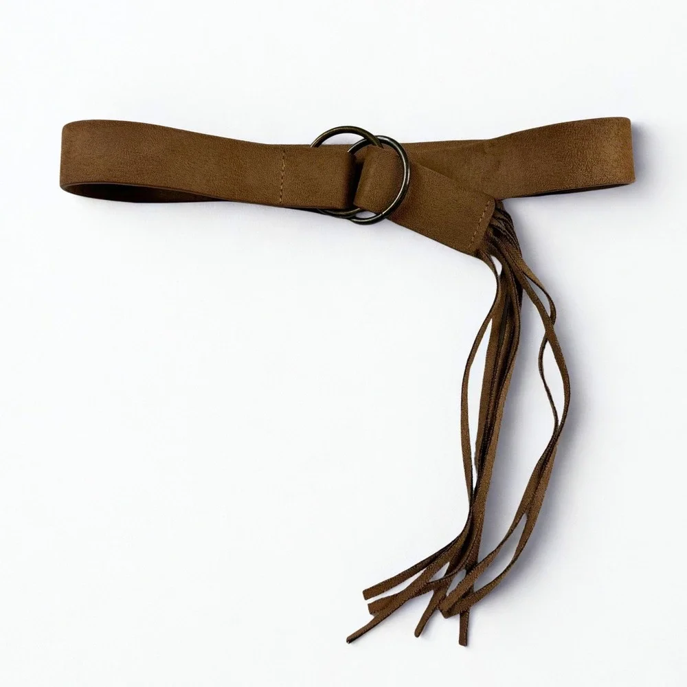 Faux Suede Fringe Belt Womens OS Brown Double Ring Boho Western Rustic Unbranded